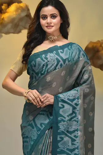 Teal tissue handwoven saree with jamdani borders