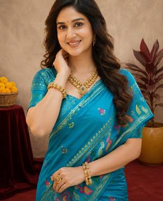 Turquoise soft silk blend banarasi jacuard work pethani saree with unstitched blouse piece 5