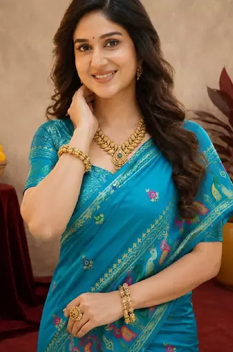 Turquoise soft silk blend banarasi jacuard work pethani saree with unstitched blouse piece