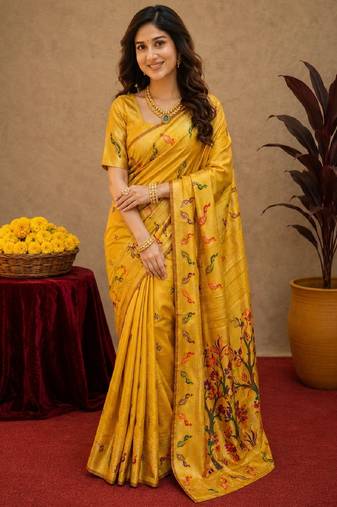 Yellow soft silk blend banarasi jacuard work pethani saree with unstitched blouse piece