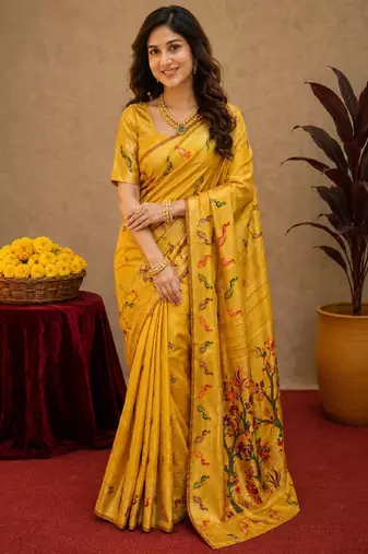 Yellow soft silk blend banarasi jacuard work pethani saree with unstitched blouse piece