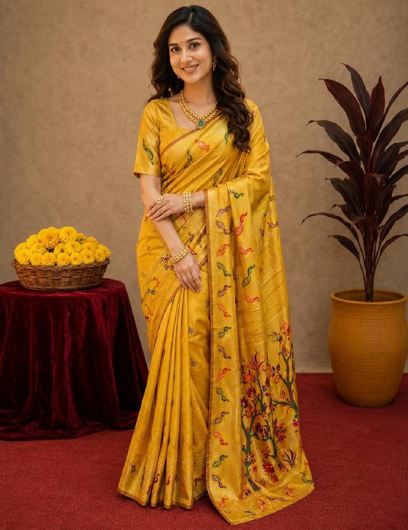 Yellow soft silk blend banarasi jacuard work pethani saree with unstitched blouse piece