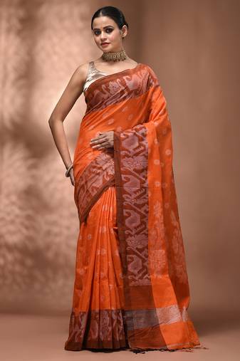 Orangetissue handwoven saree with jamdani borders