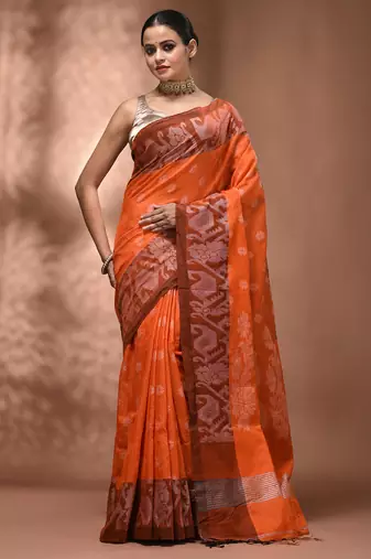 Orangetissue handwoven saree with jamdani borders