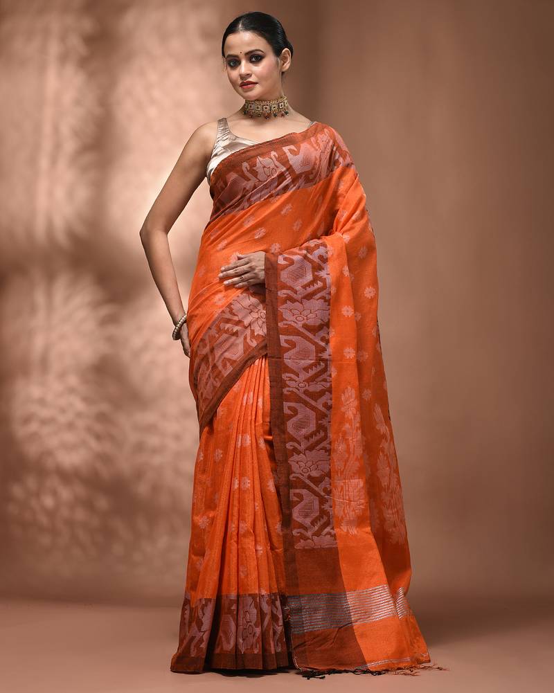 Orangetissue handwoven saree with jamdani borders