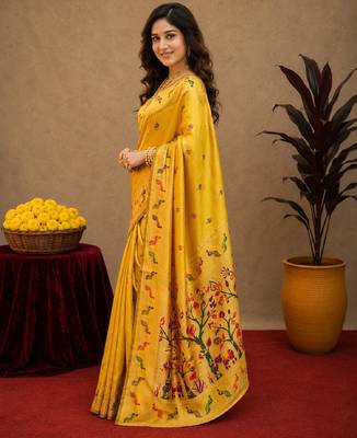Yellow soft silk blend banarasi jacuard work pethani saree with unstitched blouse piece 2