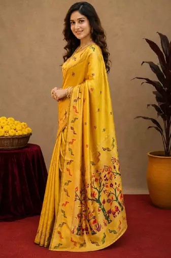 Yellow soft silk blend banarasi jacuard work pethani saree with unstitched blouse piece