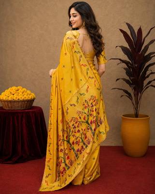 Yellow soft silk blend banarasi jacuard work pethani saree with unstitched blouse piece 3