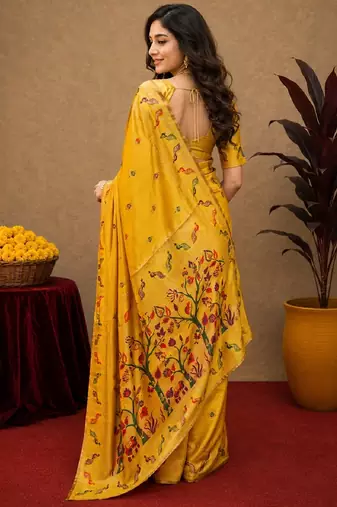 Yellow soft silk blend banarasi jacuard work pethani saree with unstitched blouse piece
