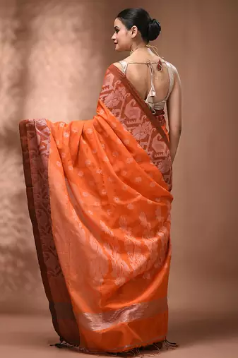 Orangetissue handwoven saree with jamdani borders