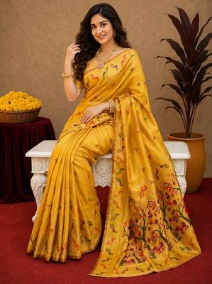 Yellow soft silk blend banarasi jacuard work pethani saree with unstitched blouse piece 4