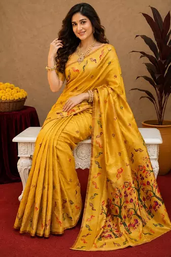 Yellow soft silk blend banarasi jacuard work pethani saree with unstitched blouse piece
