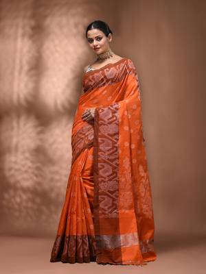 Orangetissue handwoven saree with jamdani borders 3
