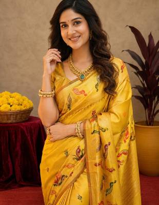 Yellow soft silk blend banarasi jacuard work pethani saree with unstitched blouse piece 5