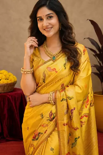 Yellow soft silk blend banarasi jacuard work pethani saree with unstitched blouse piece