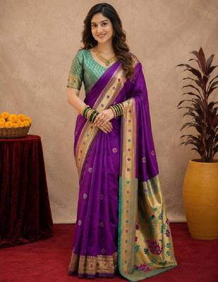 Purple soft silk blend banarasi jacuard work pethani saree with unstitched blouse piece 1