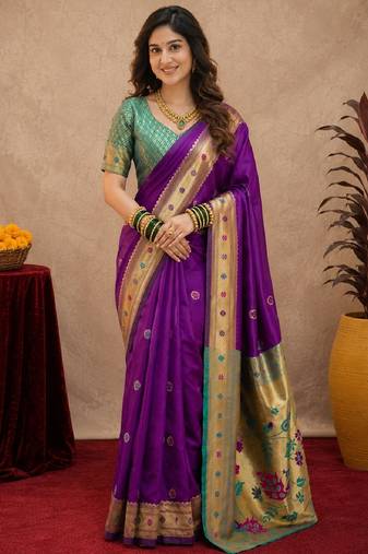 Purple soft silk blend banarasi jacuard work pethani saree with unstitched blouse piece