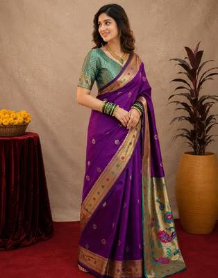 Purple soft silk blend banarasi jacuard work pethani saree with unstitched blouse piece 2