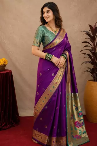 Purple soft silk blend banarasi jacuard work pethani saree with unstitched blouse piece