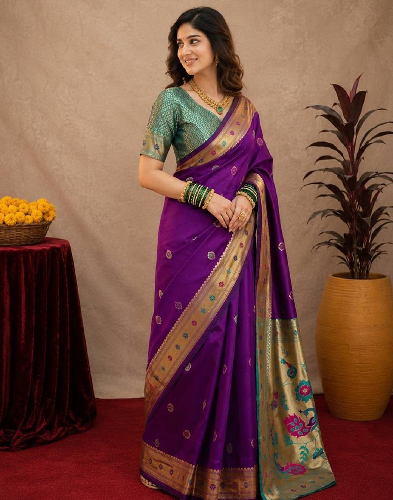Purple soft silk blend banarasi jacuard work pethani saree with unstitched blouse piece