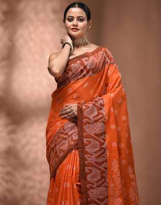 Orangetissue handwoven saree with jamdani borders 5