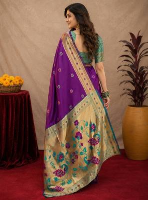 Purple soft silk blend banarasi jacuard work pethani saree with unstitched blouse piece 3