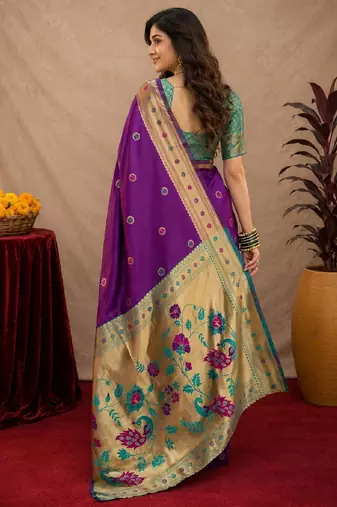 Purple soft silk blend banarasi jacuard work pethani saree with unstitched blouse piece
