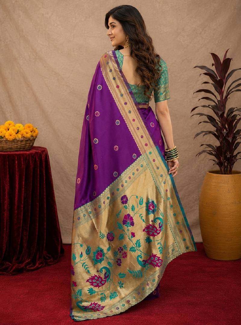 Purple soft silk blend banarasi jacuard work pethani saree with unstitched blouse piece