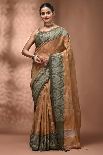 Beige tissue handwoven saree with jamdani borders