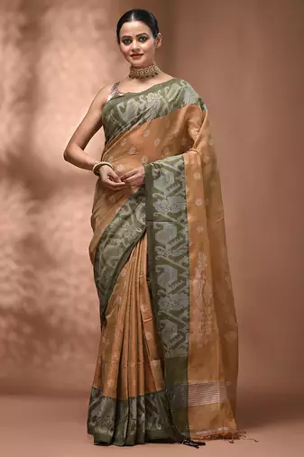 Beige tissue handwoven saree with jamdani borders