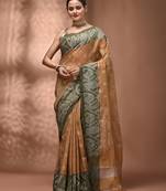 Beige tissue handwoven saree with jamdani borders