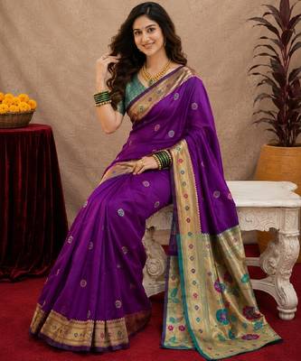 Purple soft silk blend banarasi jacuard work pethani saree with unstitched blouse piece 4