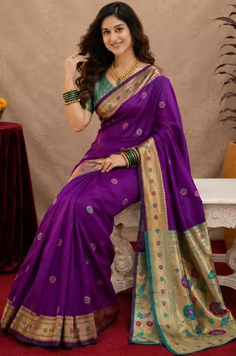 Purple soft silk blend banarasi jacuard work pethani saree with unstitched blouse piece
