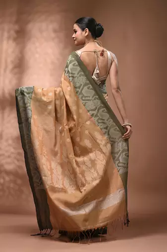 Beige tissue handwoven saree with jamdani borders
