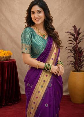 Purple soft silk blend banarasi jacuard work pethani saree with unstitched blouse piece 5