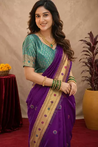 Purple soft silk blend banarasi jacuard work pethani saree with unstitched blouse piece