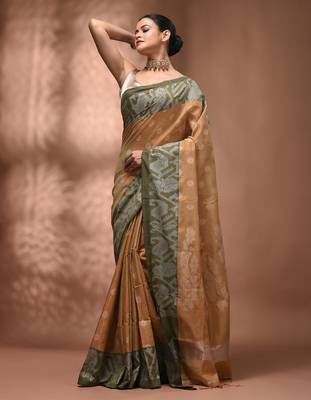 Beige tissue handwoven saree with jamdani borders 3
