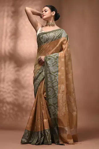 Beige tissue handwoven saree with jamdani borders