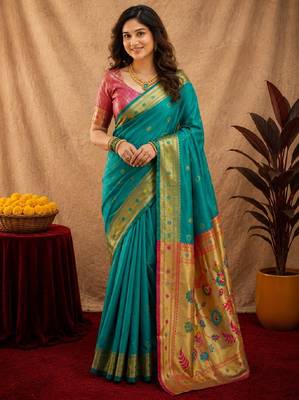 Teal green soft silk blend banarasi jacuard work pethani saree with unstitched blouse piece 1