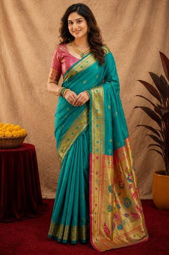 Teal green soft silk blend banarasi jacuard work pethani saree with unstitched blouse piece