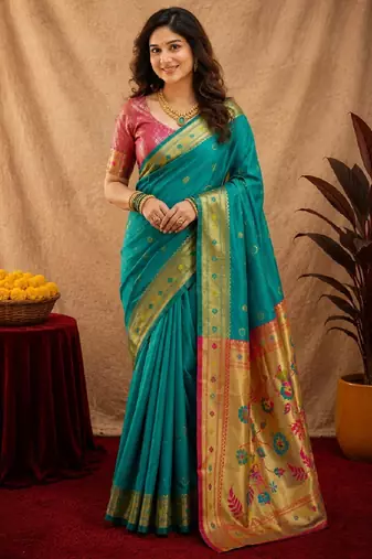 Teal green soft silk blend banarasi jacuard work pethani saree with unstitched blouse piece