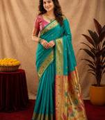 Teal green soft silk blend banarasi jacuard work pethani saree with unstitched blouse piece