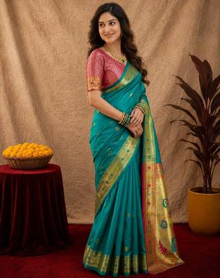 Teal green soft silk blend banarasi jacuard work pethani saree with unstitched blouse piece 2