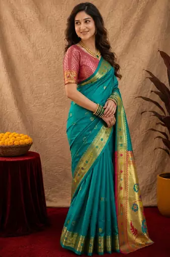 Teal green soft silk blend banarasi jacuard work pethani saree with unstitched blouse piece