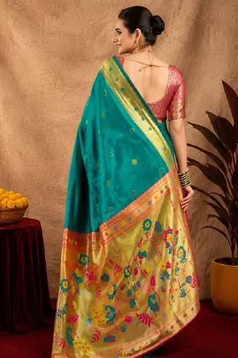 Teal green soft silk blend banarasi jacuard work pethani saree with unstitched blouse piece