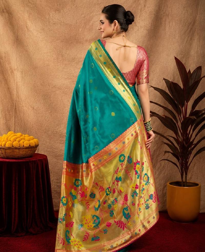 Teal green soft silk blend banarasi jacuard work pethani saree with unstitched blouse piece