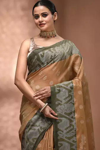 Beige tissue handwoven saree with jamdani borders