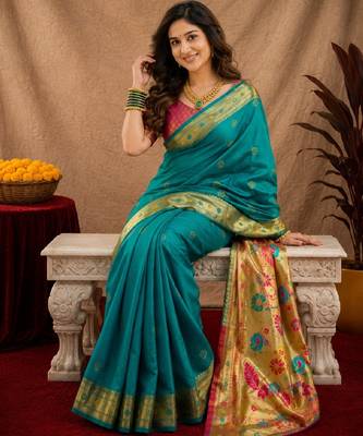 Teal green soft silk blend banarasi jacuard work pethani saree with unstitched blouse piece 4