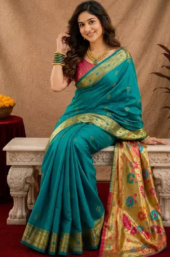 Teal green soft silk blend banarasi jacuard work pethani saree with unstitched blouse piece