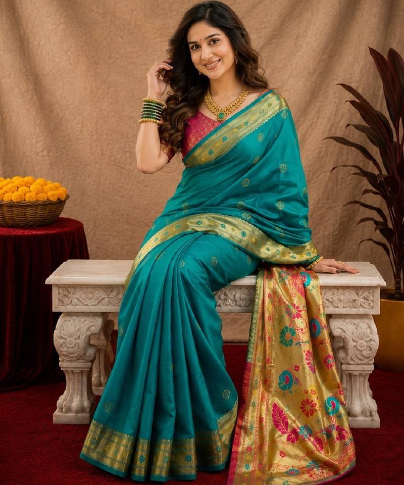 Teal green soft silk blend banarasi jacuard work pethani saree with unstitched blouse piece